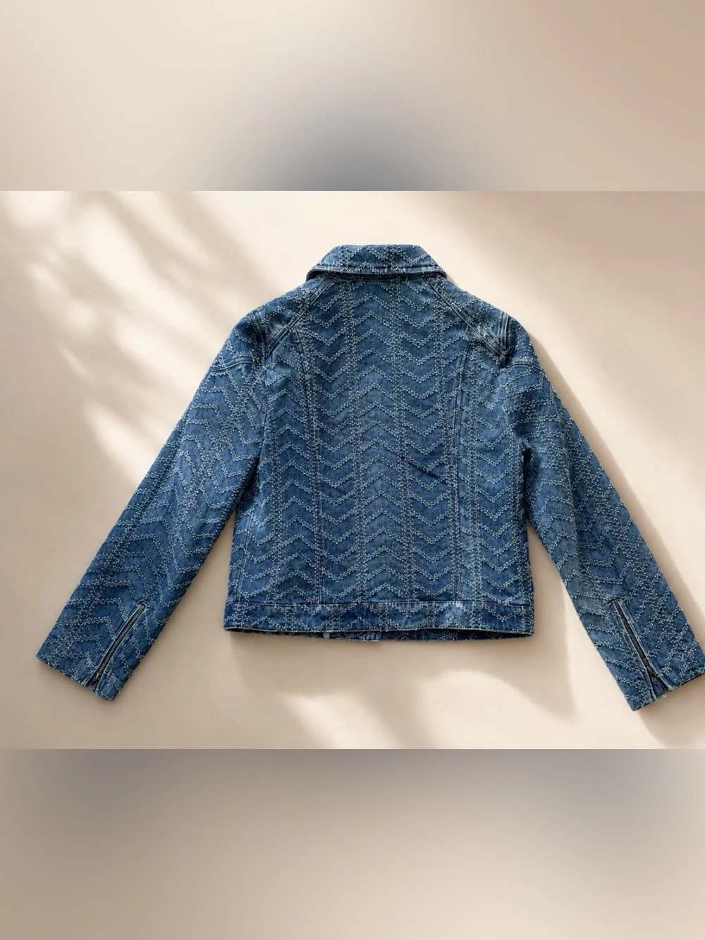 Free People Chevron Textured Denim Moto Jacket XS Rare Vintage